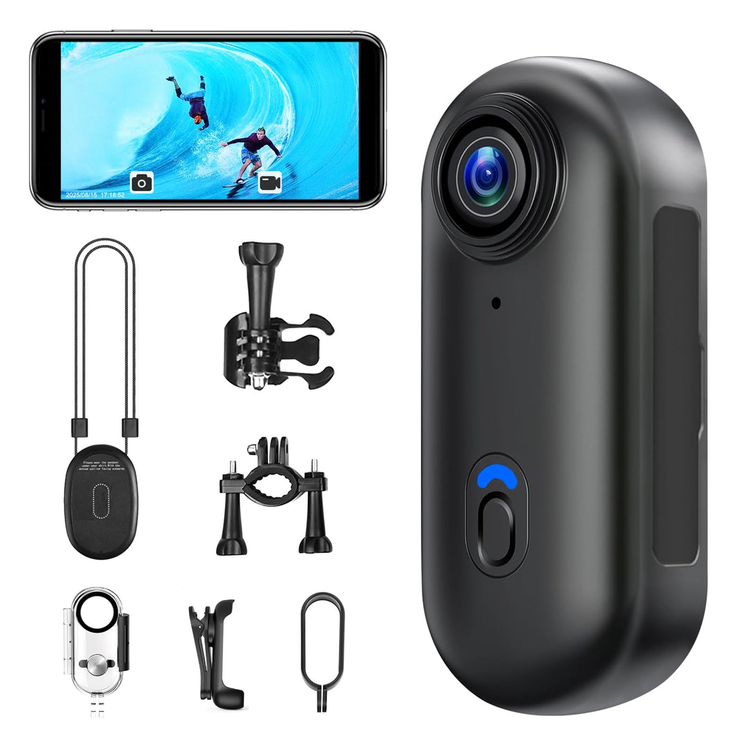 Actionkamera HD 1080P mit WiFi, Kleine wasserdichte Kamera 30M (IPX8) | 120 Min Akkulaufzeit | 360°+