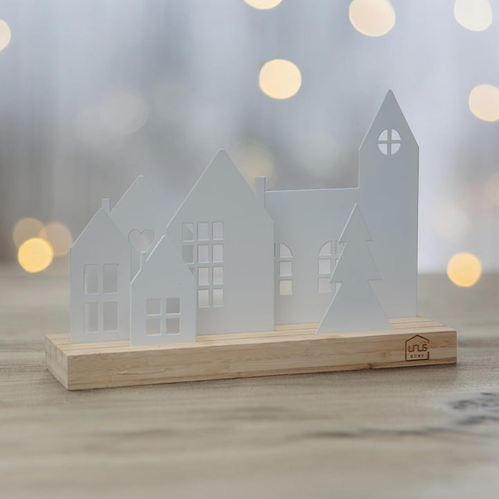 UNUS Häuser-Aufsteller Stadt Holz Metall Deko-Häuser 4 Häuser weiss 30 cm Weiss 4 Häuser, Kirche und