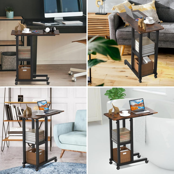 PIPIPOXER Beistelltisch mit Rollen, 60cm x 30 cm Sofatisch mit Rollen, Laptoptisch Höhenverstellbar