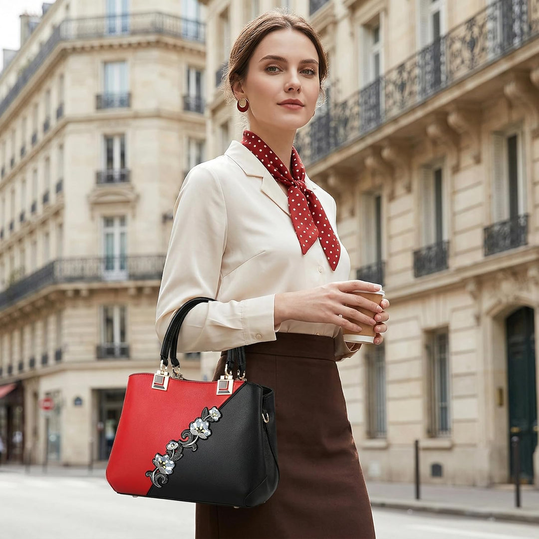 VARLIVOO Handtasche Damen Mittelgross Elegant Taschen mit Blumenstickerei Leader PU Henkeltasche Fra