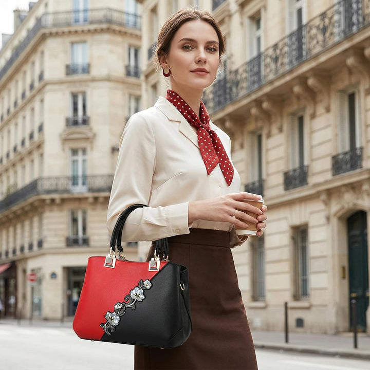 VARLIVOO Handtasche Damen Mittelgross Elegant Taschen mit Blumenstickerei Leader PU Henkeltasche Fra