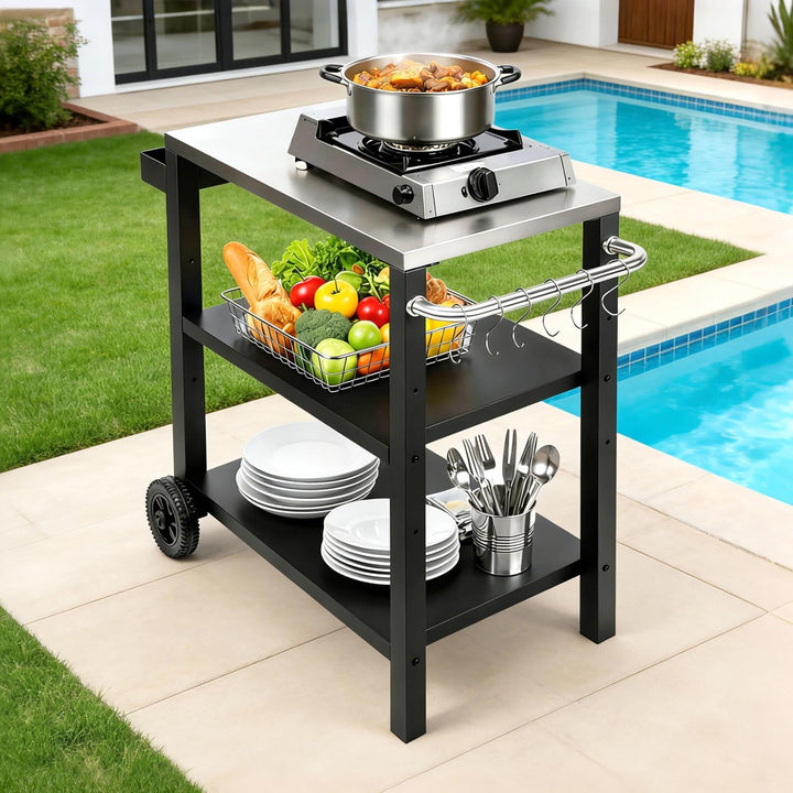 Grillbeistelltisch | Outdoor-Grilltisch mit Verstellbarer Ablage, Gewürzregal und 6X Haken, mobiler