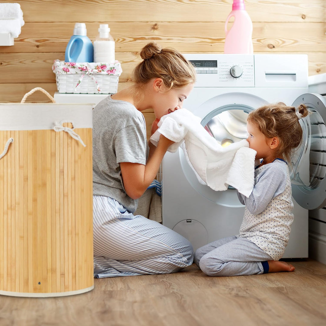 Relaxdays Wäschekorb Bambus, Faltbare Wäschetonne mit Deckel, Volumen 70l, Wäschesack Baumwolle, run