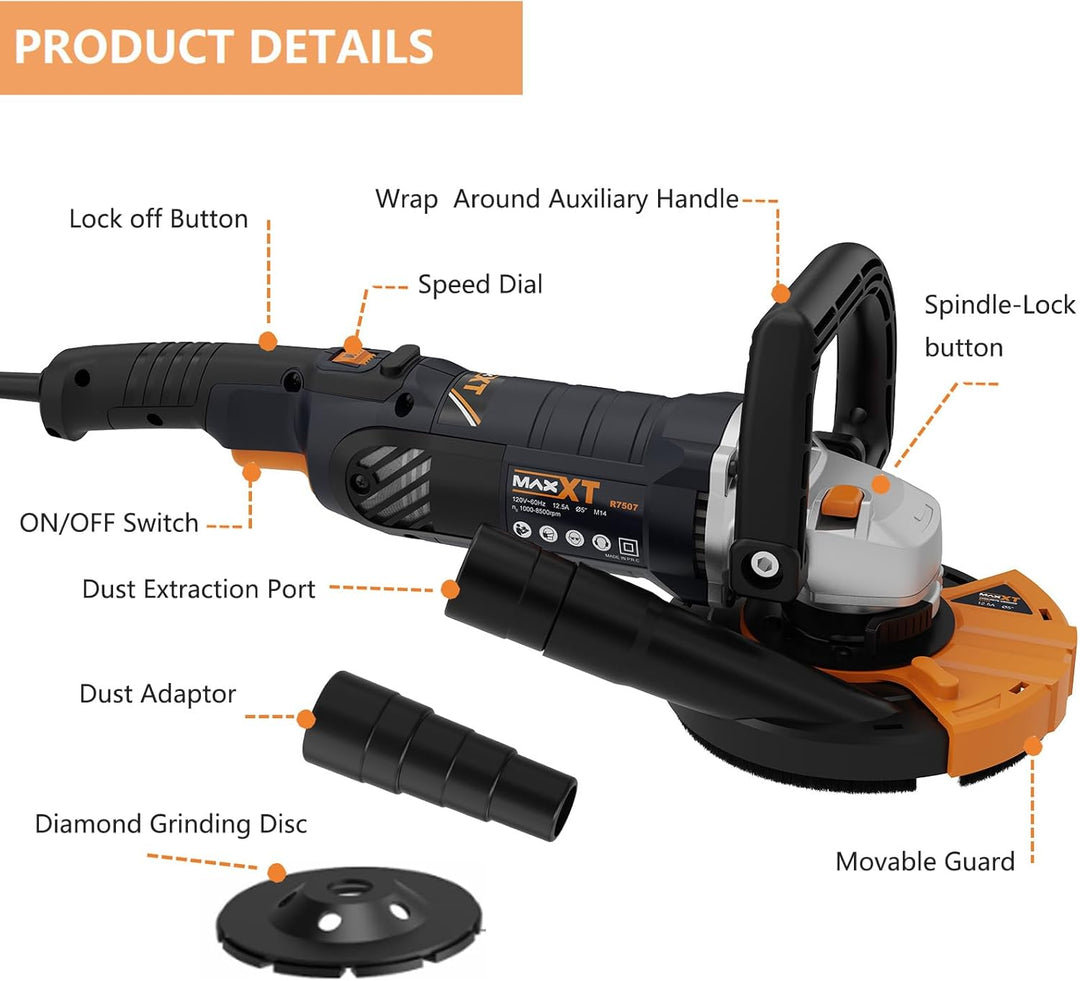 MAXXT 1500W Betonschleifer Winkelschleifer Bürstenloser EC-Motor, Schleifmaschine mit 5-Zoll-Pad, 10
