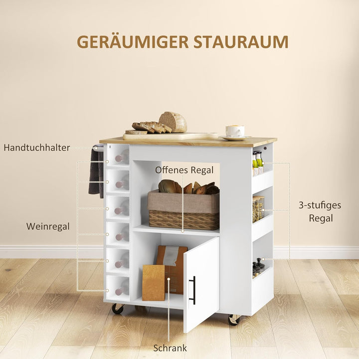 HOMCOM Küchenwagen Rollwagen mit Arbeitsplatte aus Holz, Ablagen, Weinregalen, Servierwagen, Küchens