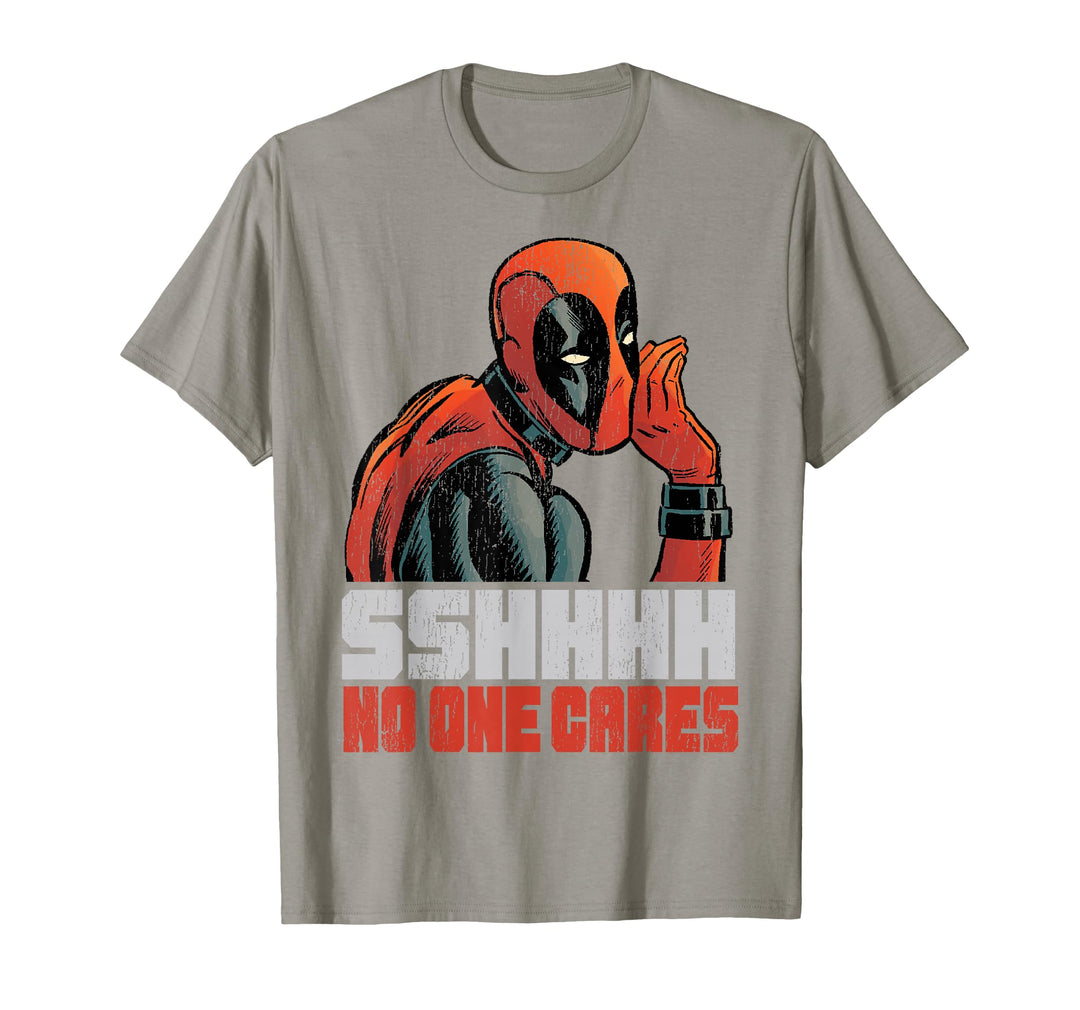 Mens Marvel Deadpool SHHH No One Cares Whisper Graphic T-Shirt C1 2XL Olive