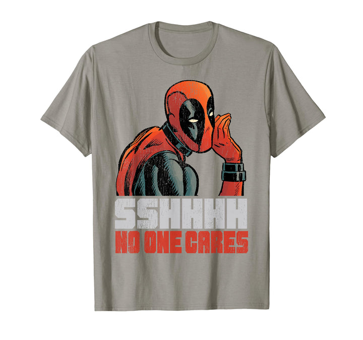 Mens Marvel Deadpool SHHH No One Cares Whisper Graphic T-Shirt C1 2XL Olive