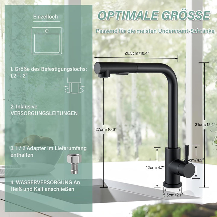 Wasserhahn Küche Schwarz Küchenarmatur Mischbatterie mit Brause Ausziehbar Hochdruck 360° Schwenkbar