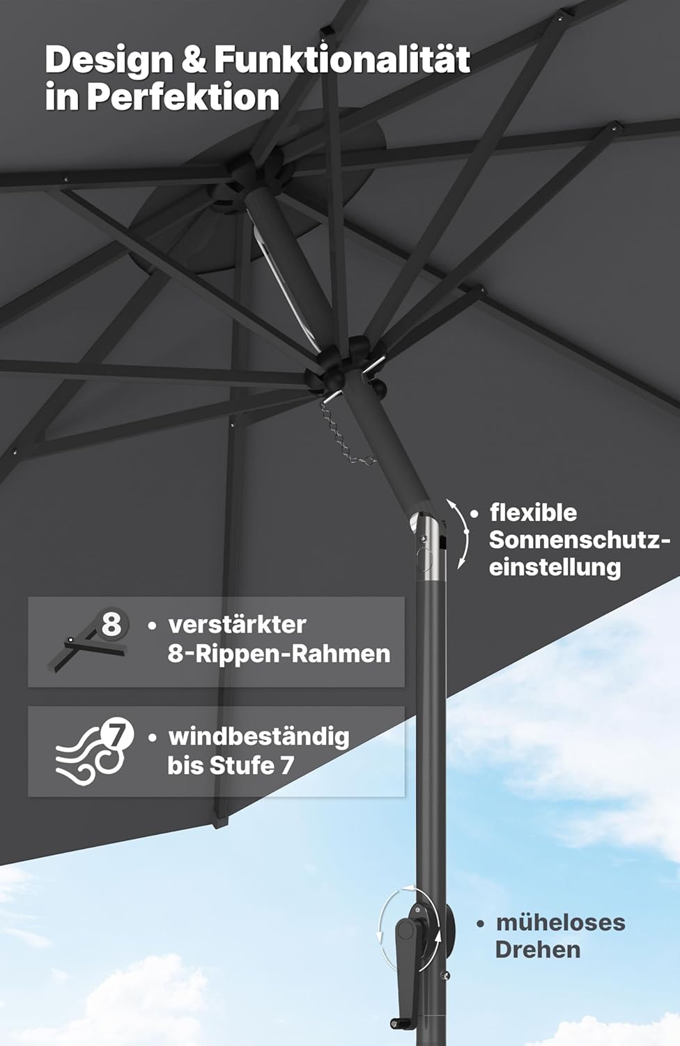 4smile Sonnenschirm 300 cm, mit Kurbel – grosser Sonnenschirm Balkon für die Terrasse, mit UV 50+ Sc