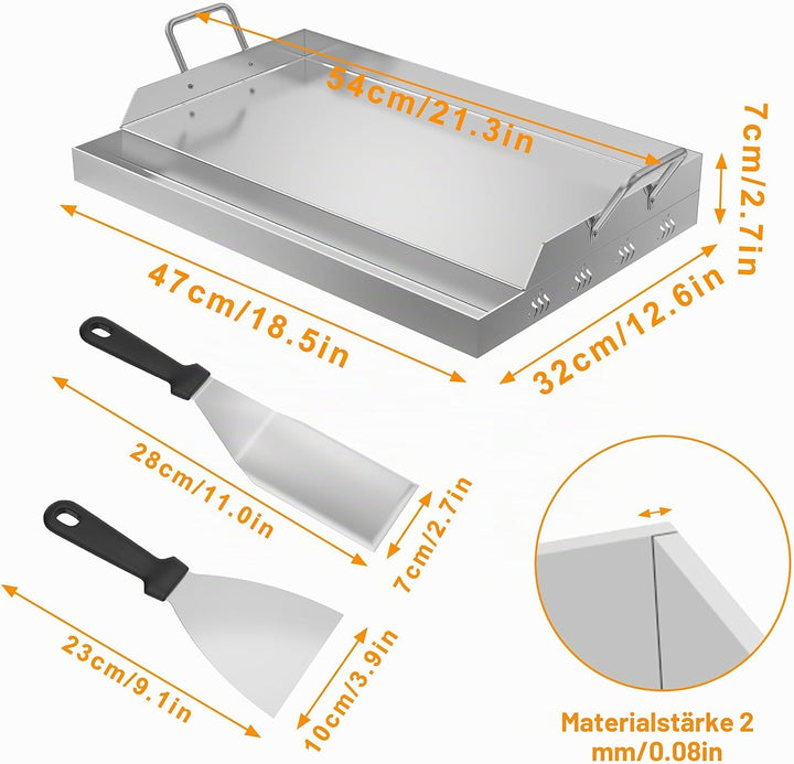 XMTECH Edelstahl Grillplatte mit Henkel, 47x32x7 cm, Gleichmässige Wärmeverteilung für Gas- und Kohl