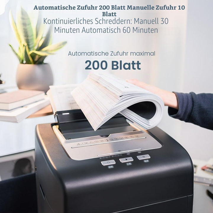 Aktenvernichter Automatischer Schredder Papier: P5 Sicherheit Mikroschnitt Papierschredder 200 Blatt