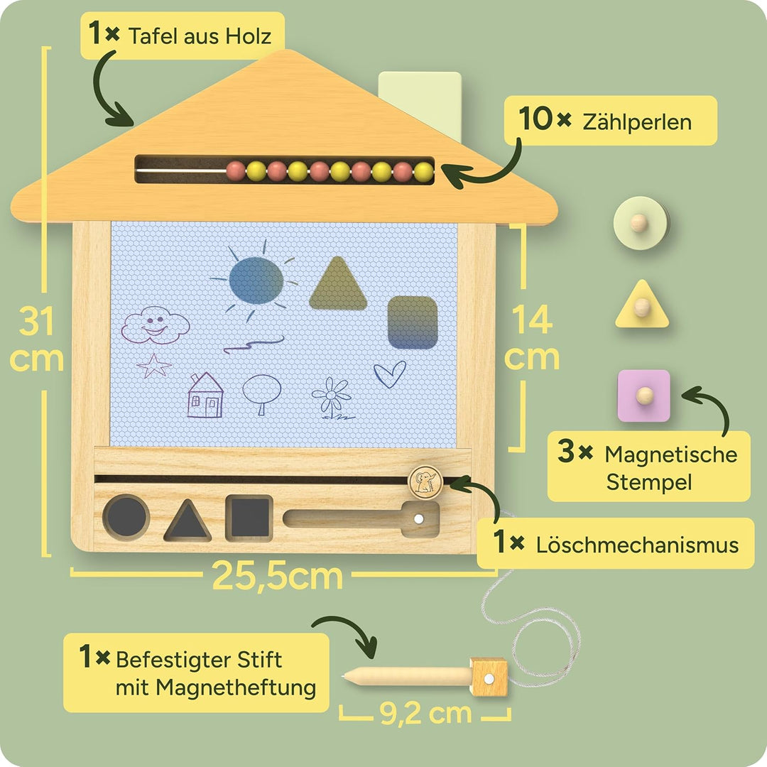 Eli® Zaubertafel aus Holz für Kinder ab 2 Jahre inkl. Stempel und Malstift Magnetische Maltafel - Ze