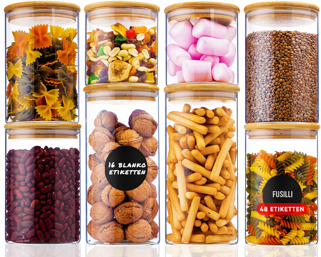 Deco haus® Vorratsgläser mit Deckel luftdicht + Etiketten [8er KOMBI SET] - Für Müsli, Cornflakes, M