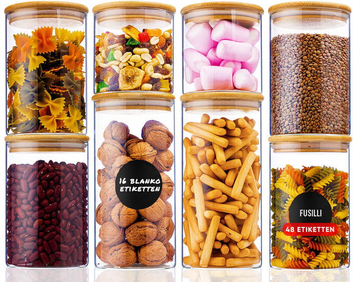 Deco haus® Vorratsgläser mit Deckel luftdicht + Etiketten [8er KOMBI SET] - Für Müsli, Cornflakes, M