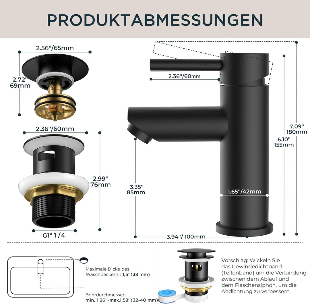 FORIOUS® Wasserhahn Bad Schwarz, Waschbeckenarmatur mit Auslaufhöhe 85MM | Edelstahl Einhebel-Mischb