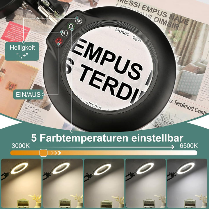 Veemagni 10X Lupe mit Licht, 5 Farbmodi Stufenlos Dimmbar, Verstellbarer Schwenkarm LED Beleuchtete