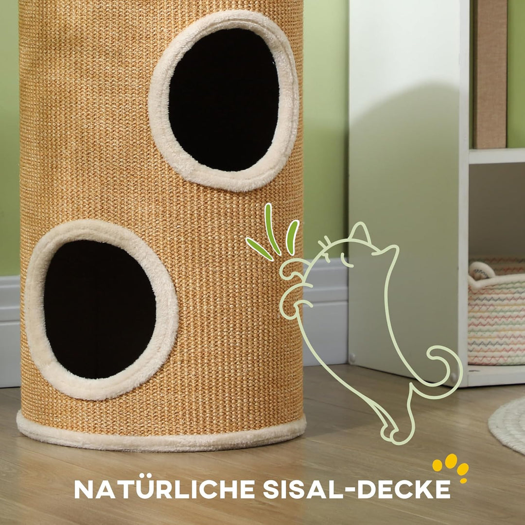 PawHut Kratztonne 60 cm Hoch Ø 35 cm zweistöckige Katzentonne mit Plüschrand, Katzenhöhle, Kratzbaum