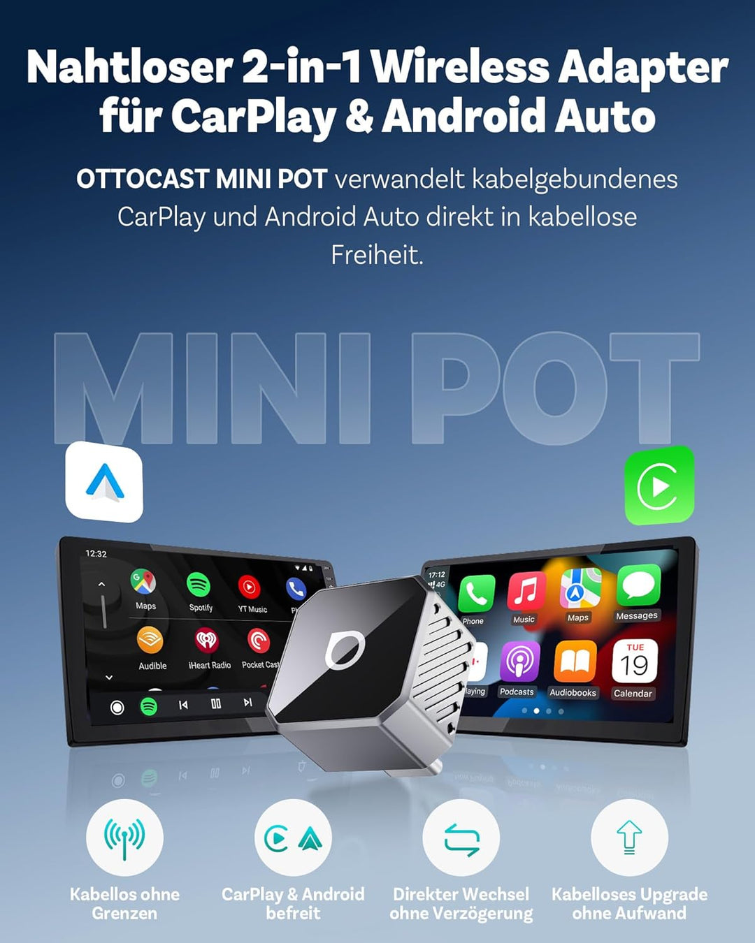 2026 Upgrade Ottocast Mini Pot, Wireless CarPlay & Android Auto Adapter, Plug & Play, WLAN 2.4G+5G,