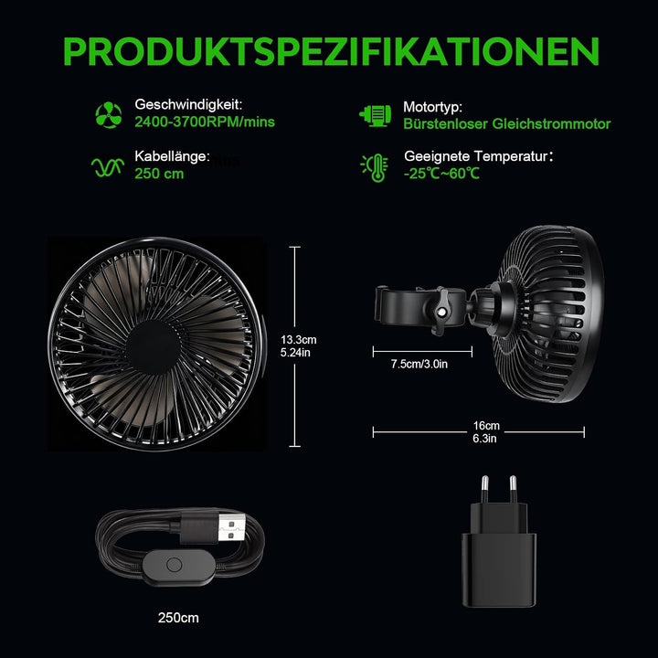 Grow Ventilator mit Clip, 2PCS, Autoventilator mit USB-Stecker, 3700rpm Luftzirkulations-Kühlventila