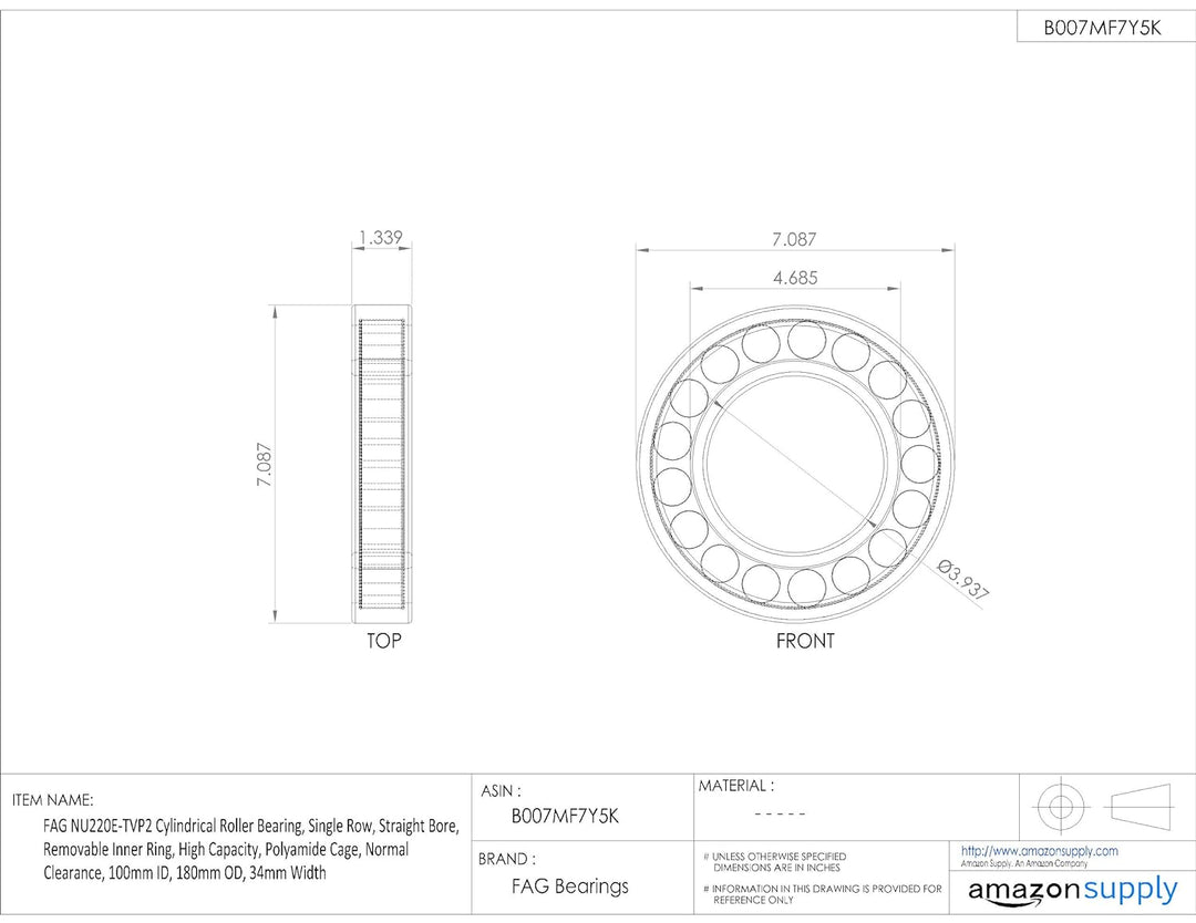 FAG nu220e-tvp2 Zylindrische Roller Bearing, einreihig, gerade Bohrung, abnehmbarer Ring innen, Hohe