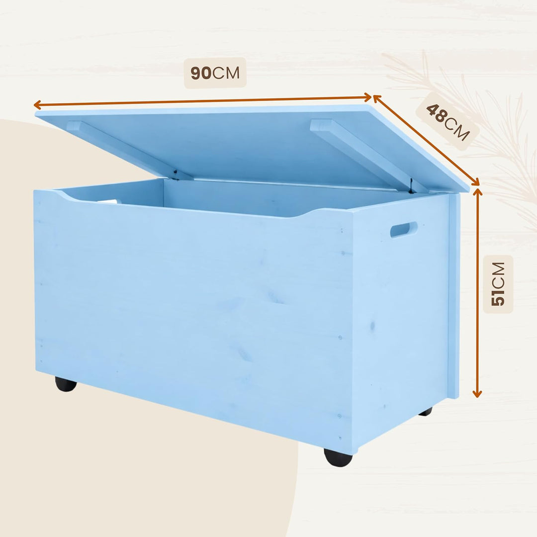 Pinus Spielzeugkiste aus Holz mit Deckel und Rollen, 90×48×51 cm - Grosse Aufbewahrungsbox für Spiel