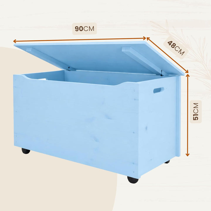 Pinus Spielzeugkiste aus Holz mit Deckel und Rollen, 90×48×51 cm - Grosse Aufbewahrungsbox für Spiel