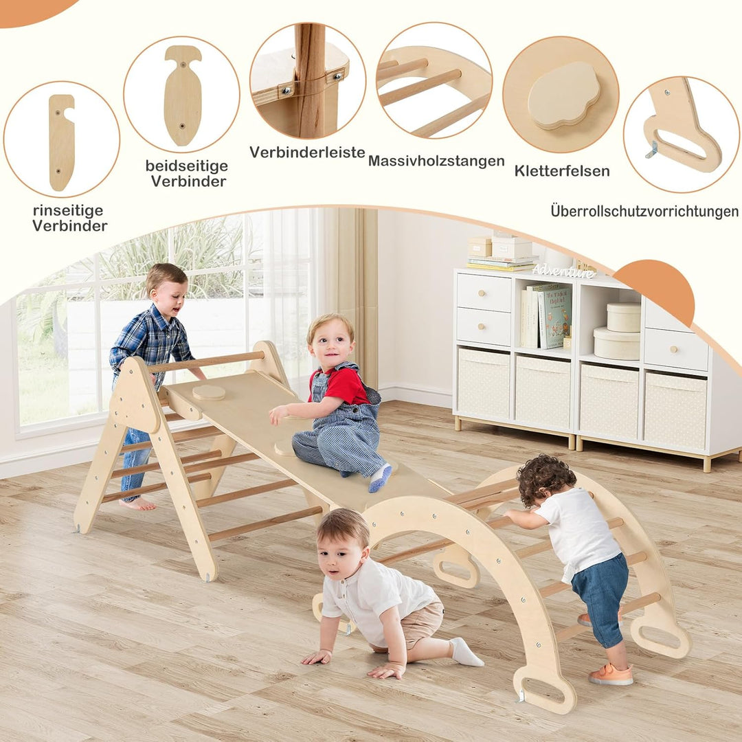 GOPLUS Klettergerüst Indoor, 4 in 1 Kletterdreieck & Kletterbogen & Leiter & Rutsche, Sprossendreiec