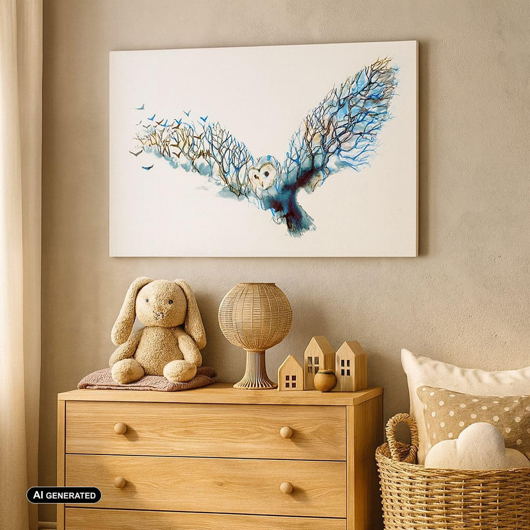 Bilder auf Leinwand 100x70cm Leinwandbild mit Rahmen Eule wild Wald Flug Gross Wanddeko Bild Schlafz