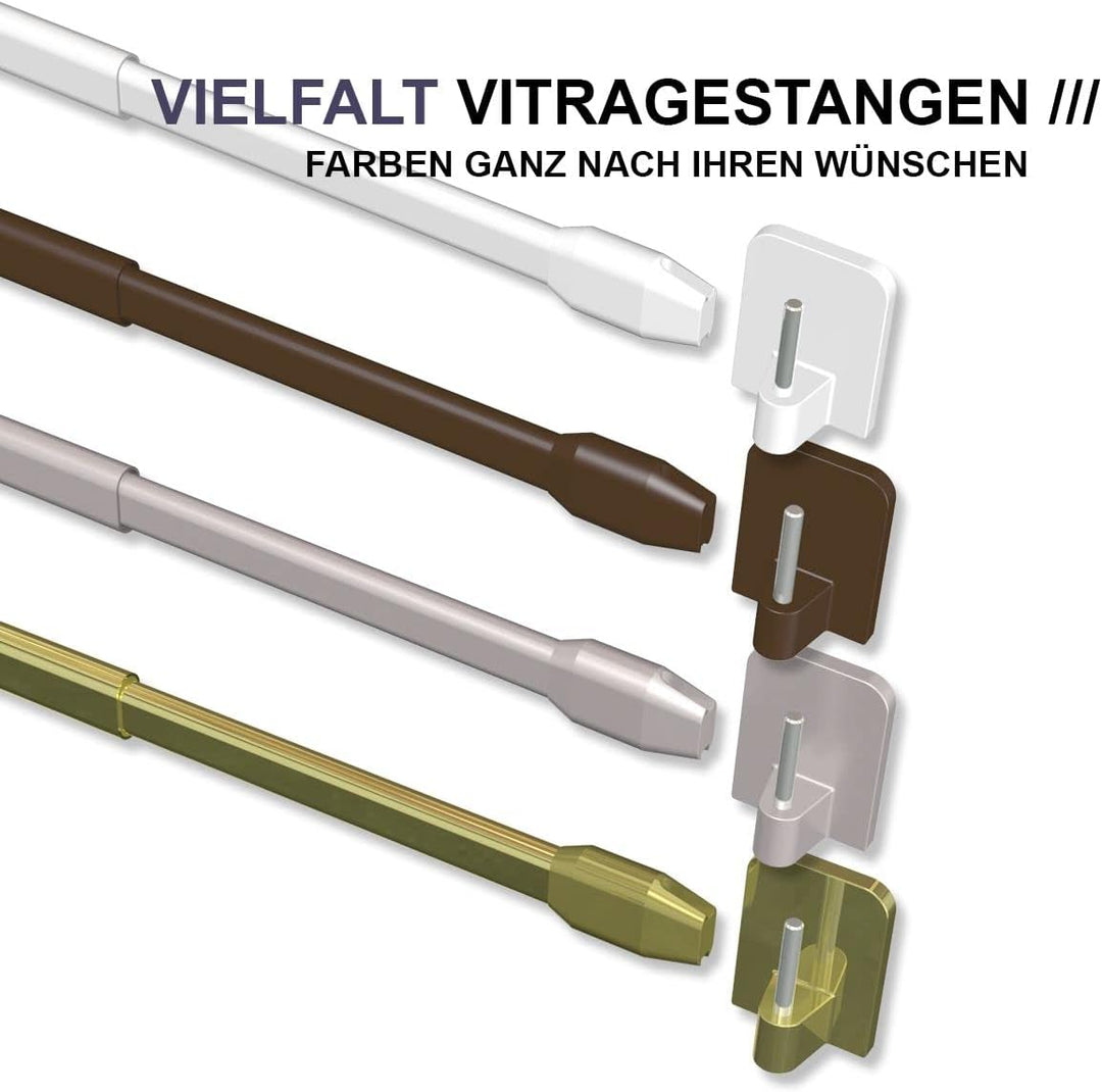 Interdeco Vitragestangen mit Klebehaken/Scheibenstangen Messing farbig (4 Stück), ausziehbar 80-140