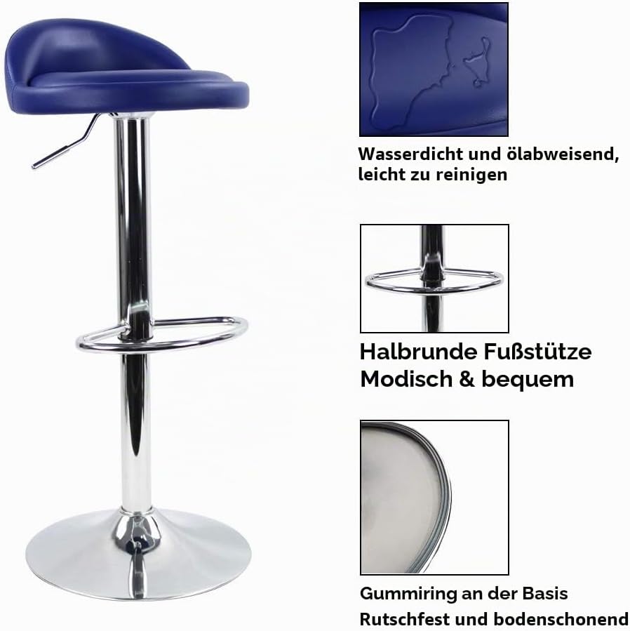 KKTONER Barhocker Tresenhocker höhenverstellbar 60-80cm mit Fussstütze PU Leder Blau, Blau
