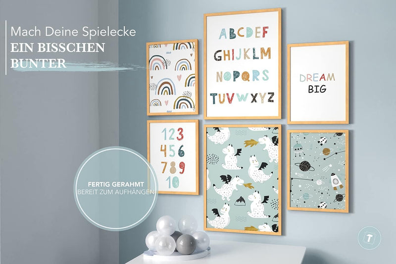 Papierschmiede® Bilder Kinderzimmer Kids Mood Poster Set ABC Dragon Space, Gerahmte Bilder fürs Kind