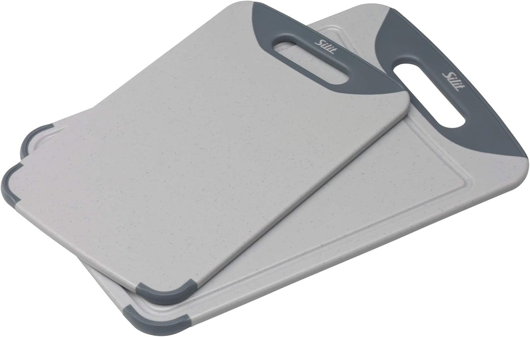 Silit Schneidebrett Kunststoff Set 2-teilig, Küchenbrett mit Saftrille, Aufhänge-/ Tragegriff, 2 Grö