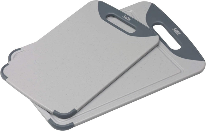 Silit Schneidebrett Kunststoff Set 2-teilig, Küchenbrett mit Saftrille, Aufhänge-/ Tragegriff, 2 Grö