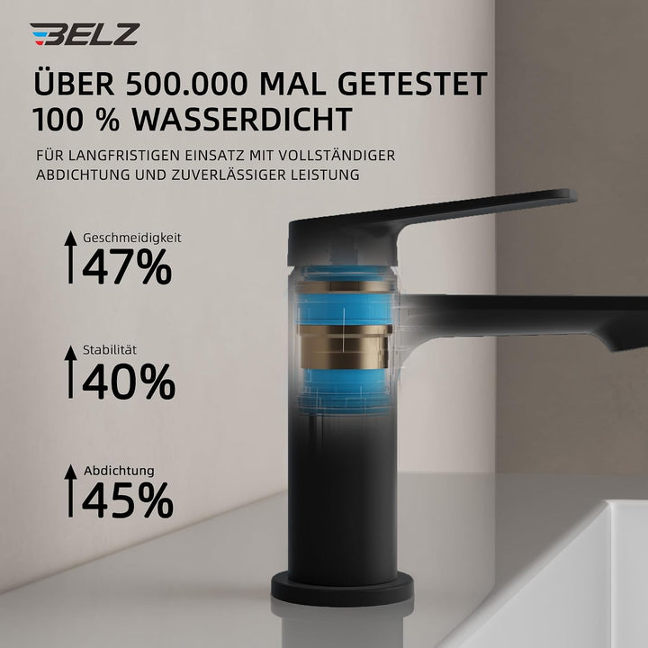 BELZ Badarmatur Waschtischarmatur – Einhebel-Mischbatterie aus Messing, Wasserhahn fürs Badezimmer,