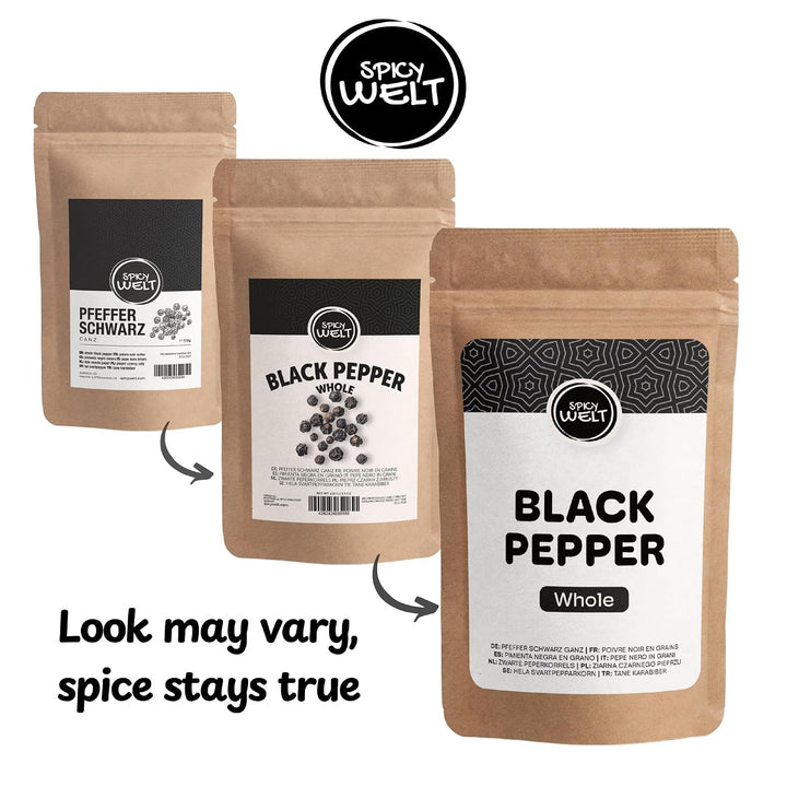 Spicy Welt Schwarzer Pfeffer Ganz (500g) – Pfefferkörner | Ungemahlener Schwarzer Pfeffer | für Pfef