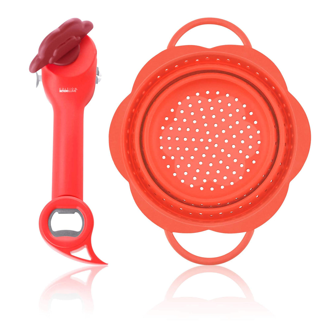 Kochblume Dosenöffner Set L | Dosenöffner, Faltsieb S | (rot), Rot