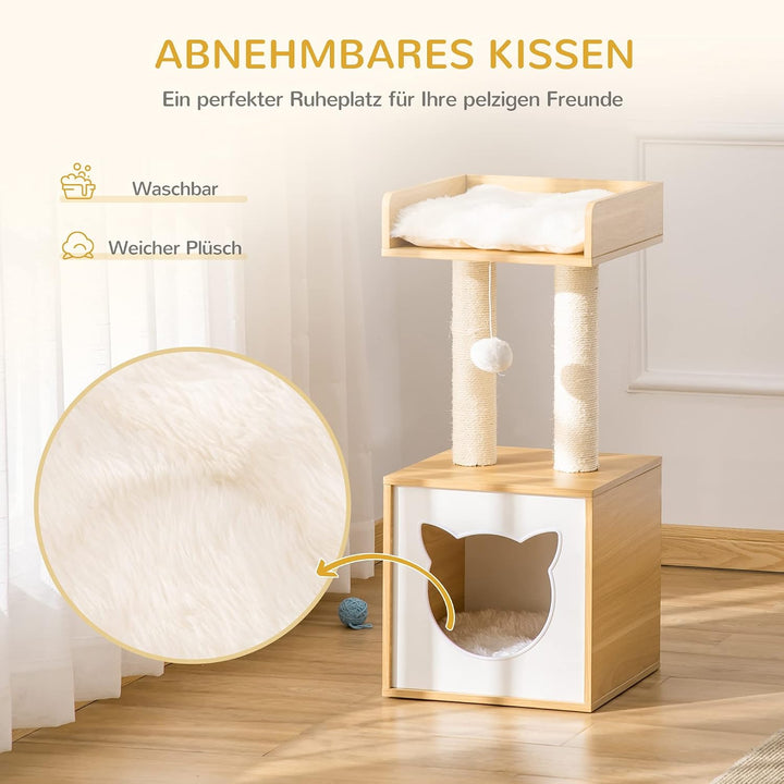 PawHut Katzenhöhle mit Waschbarem Kissen für Katzen 35 x 35 x 81 cm Eiche | Katzenbett, Plattform, K