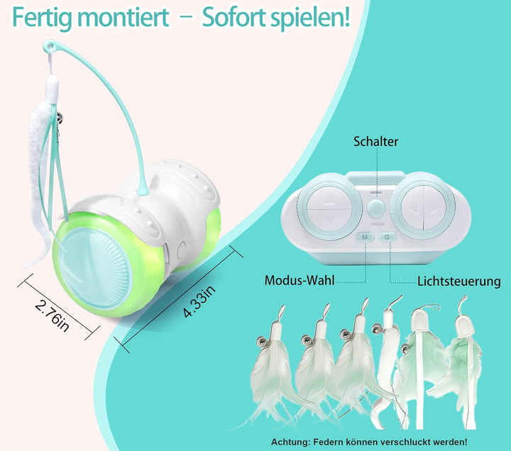 Interaktives Katzen-Spielzeug Auto: 360°Freilauf-Funktion,2 Kamillenminze-Federn,Auto/Manuell - Modu