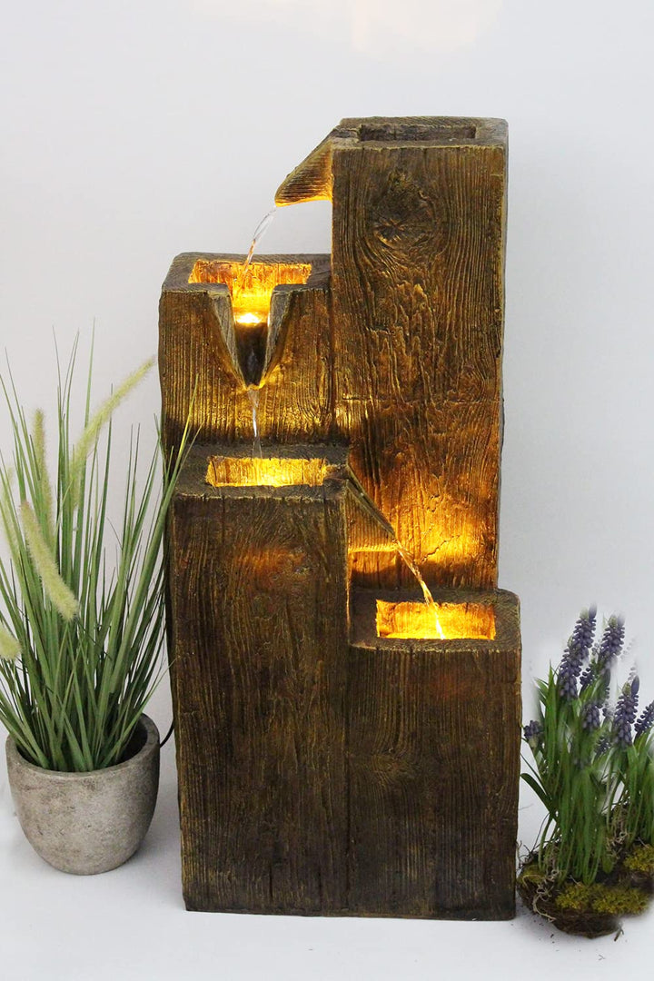 Gartenbrunnen BK823 in Holzoptik Springbrunnen Terrassenbrunnen Zimmerbrunnen mit Beleuchtung Warm W