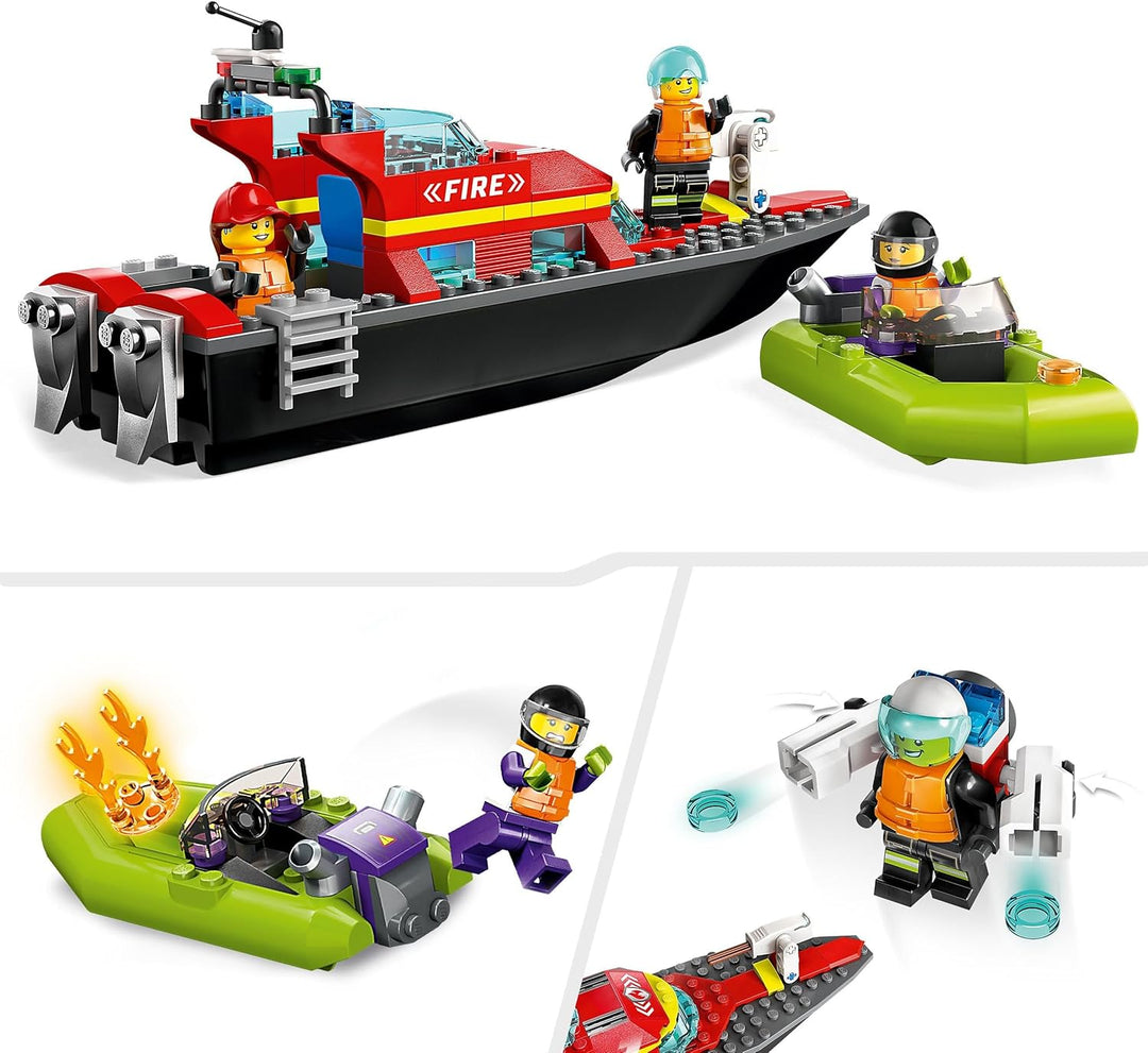 LEGO 60373 City Feuerwehrboot, Spielzeug, das im Wasser schwimmt, mit Rennboot, 3 Minifiguren und Je