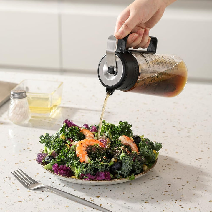Salatdressing-Shaker aus Glas, 450 ml, mit abgestufter Skala und aufgedruckten Rezepten, hausgemacht