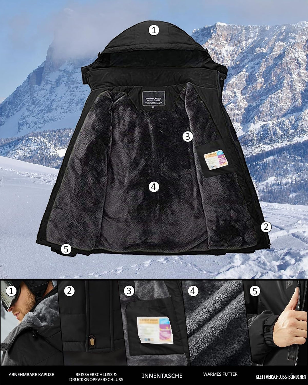 KEFITEVD Herren Winter Wasserabweisende Skijacke Fleece Gefüttert Arbeitsjacke mit Abnehmbarer Kapuz