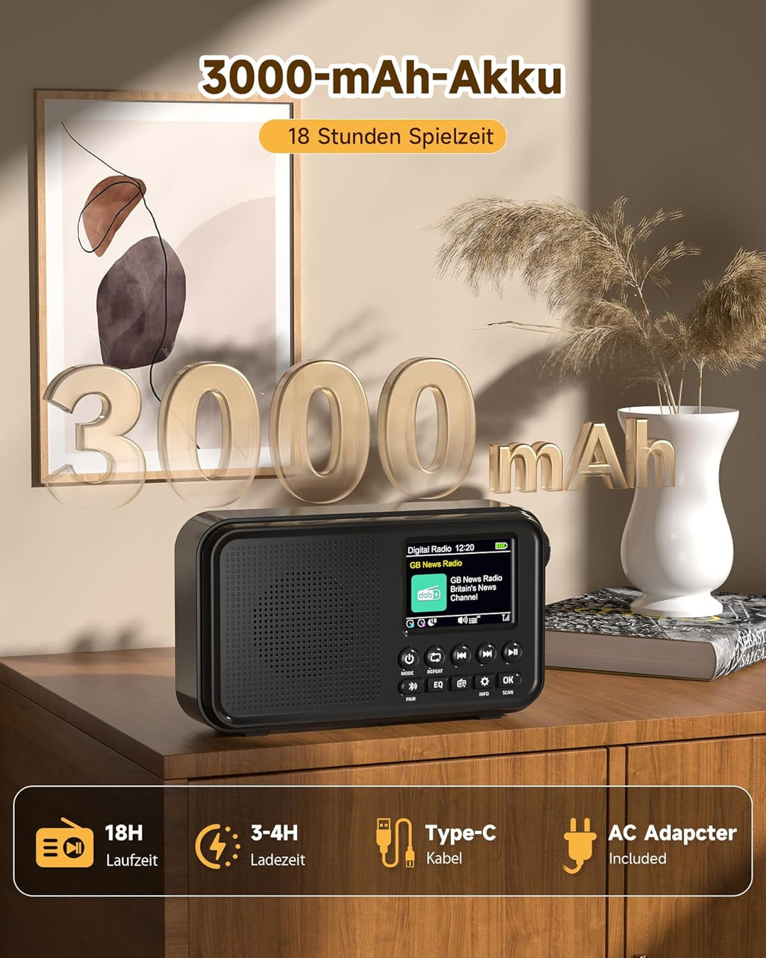 Roxicosly Tragbares DAB/DAB+ Radio, 80 Voreingestellte, UKW Digital Radio mit 3000-mAh Akku, Küchenr