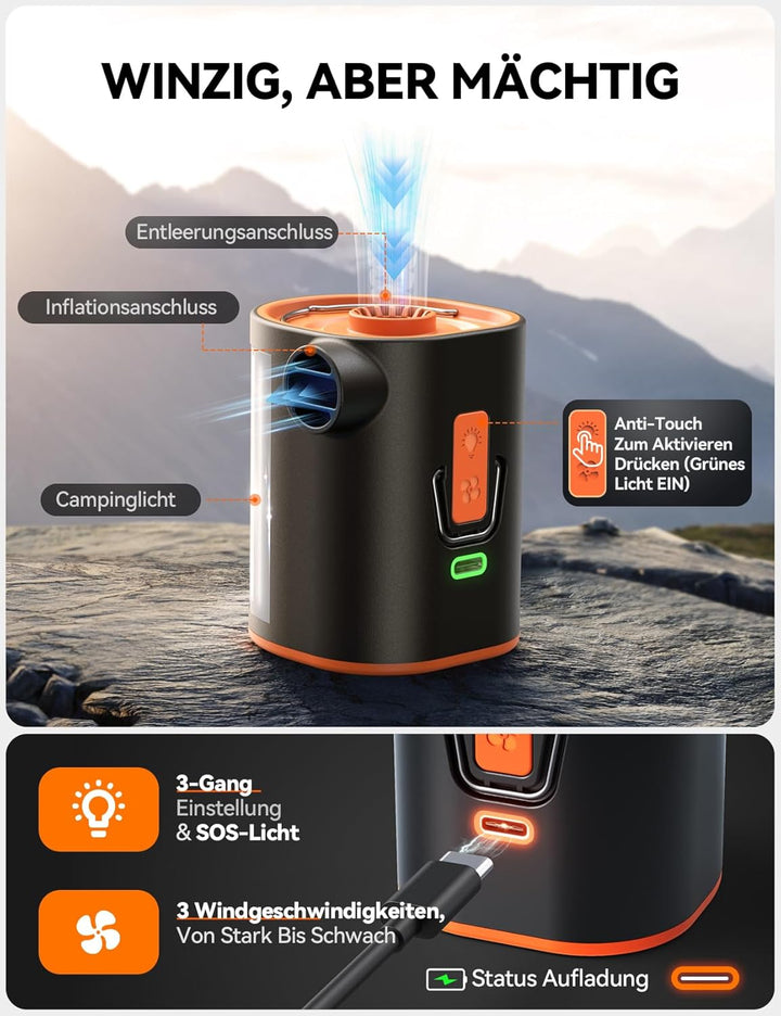 JOYROOM Elektrische Luftpumpe Kompakte für Luftmatratze mit Campinglampe, 4.8 kPa Wiederaufladbare L