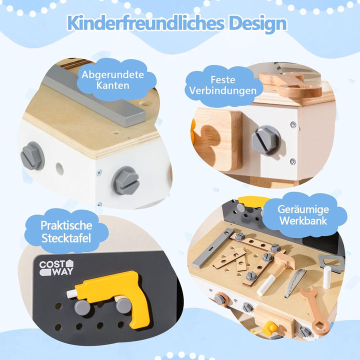COSTWAY Werkbank Kinder, Kinderwerkbank Holz mit Stecktafel, Kreidetafel und Ablageregal, Werkzeugba