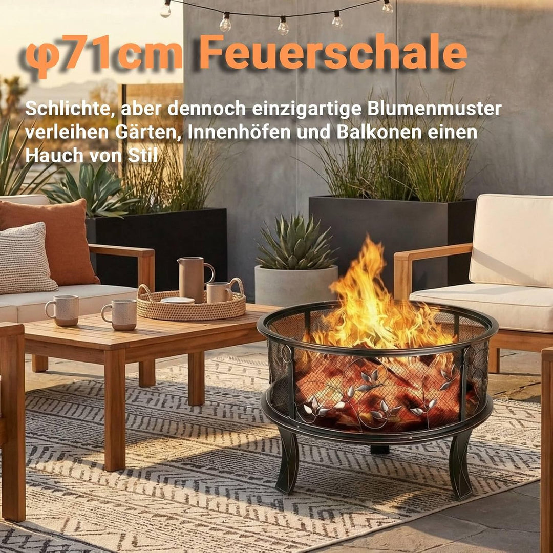 Feuerschalen, Feuerschale mit Funkenschutz, Feuerschale Garten Ø71x65cm, inkl. Poker & Kohlerost, Fe