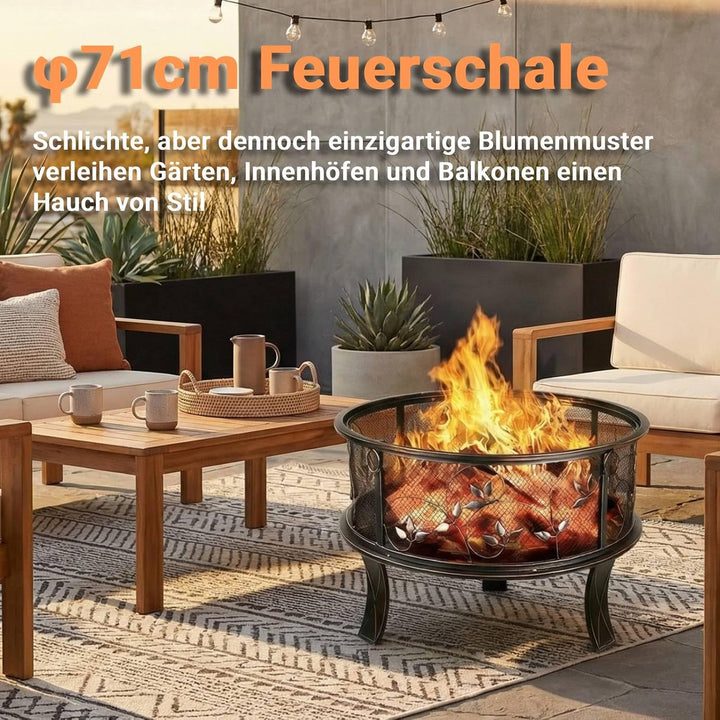 Feuerschalen, Feuerschale mit Funkenschutz, Feuerschale Garten Ø71x65cm, inkl. Poker & Kohlerost, Fe