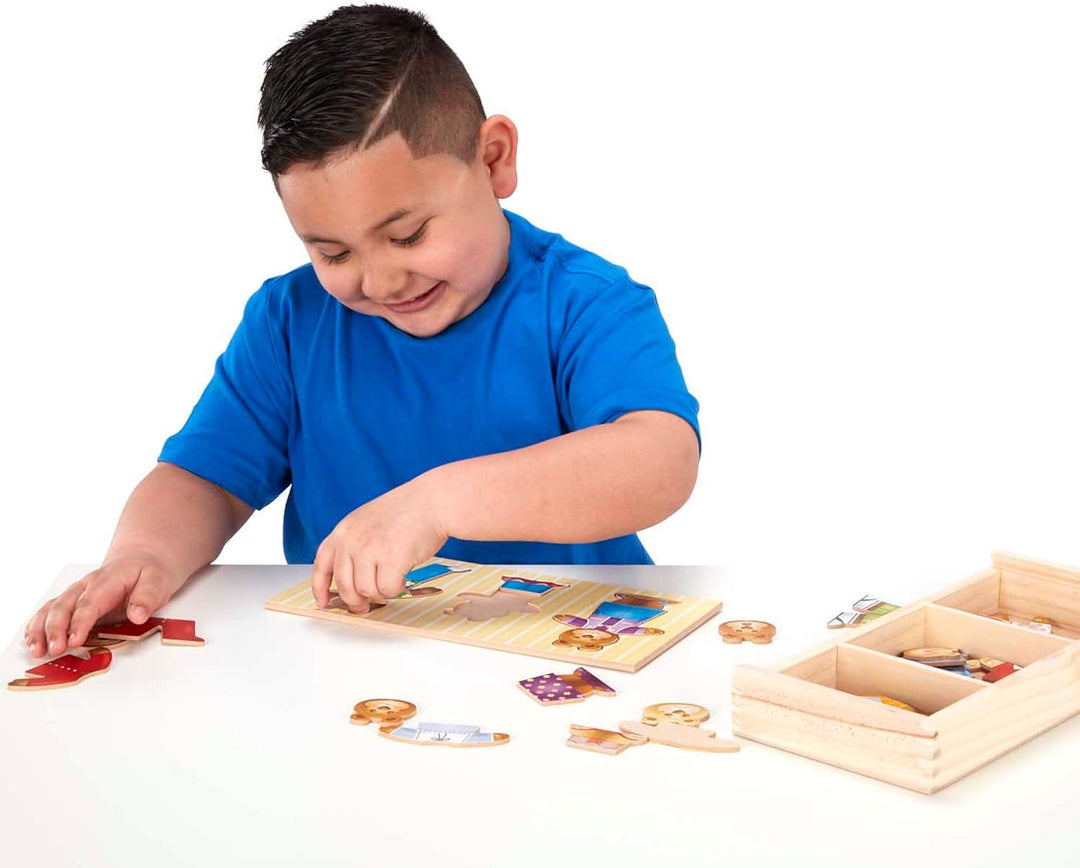 Melissa & Doug Mix 'n Match Holzpuzzle zum Ankleiden einer Bärenfamilie mit Aufbewahrungsbehälter (4