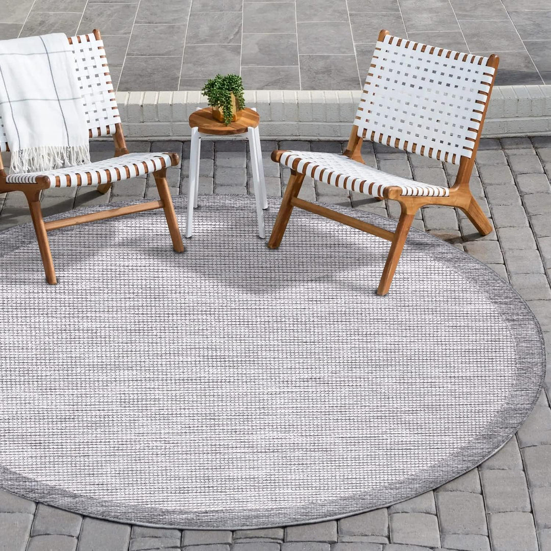 payé Outdoor Teppich Rund - 160x160cm - Wetterfest - Grau Weiss - Bordüre - Teppiche für Terrasse Ba