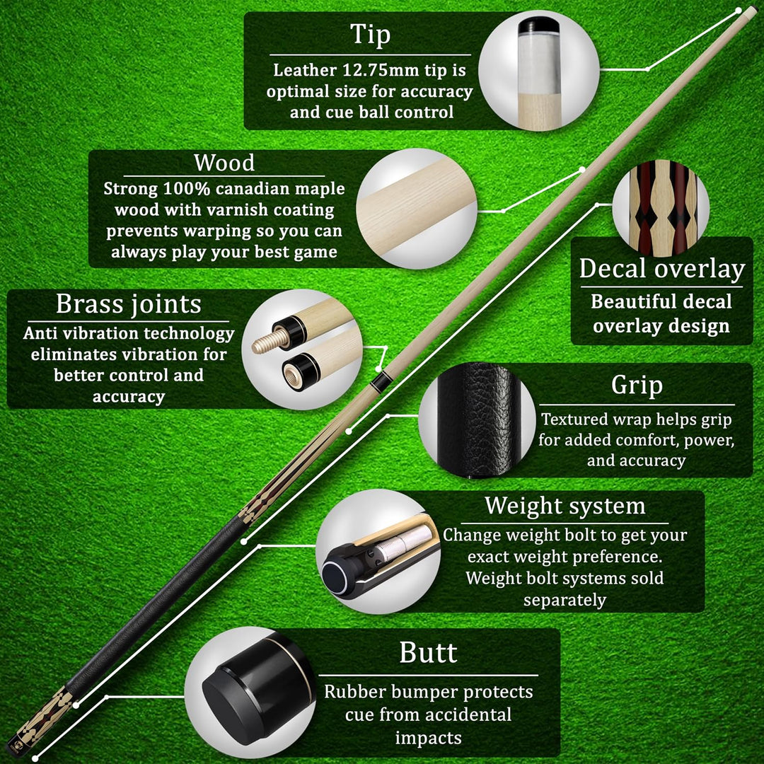 Pool Cue Stick 100% Canadian Maple Wood. Professional Billiard Pool Cue Stick with Hard Case and Joi